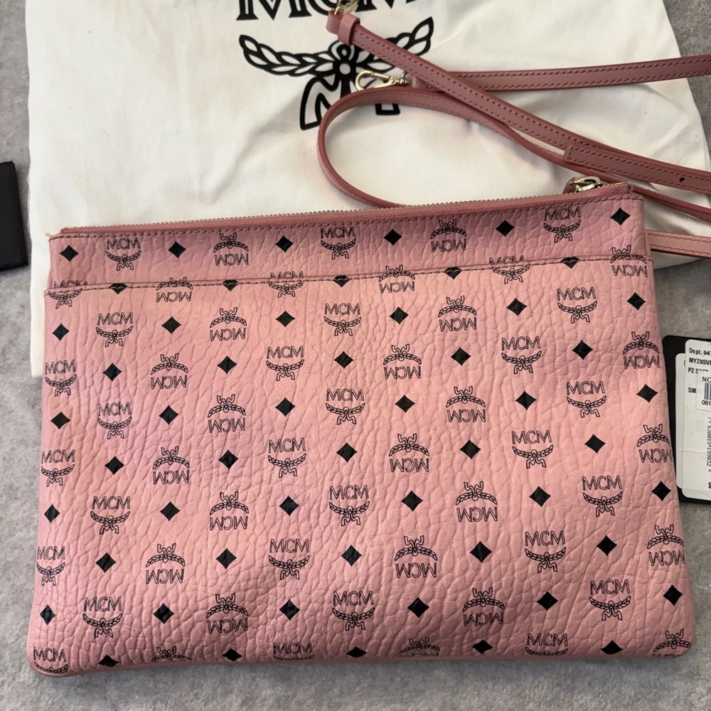 MCM Pink Logo Printed Crossbody Pouch with Adjustable Strap